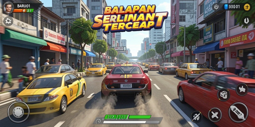 Tampilan utama gameplay dari BARU01 yang menampilkan balapan mendebarkan.