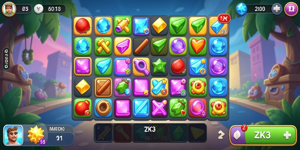 Tampilan gameplay ZK3 yang ceria dan penuh warna.